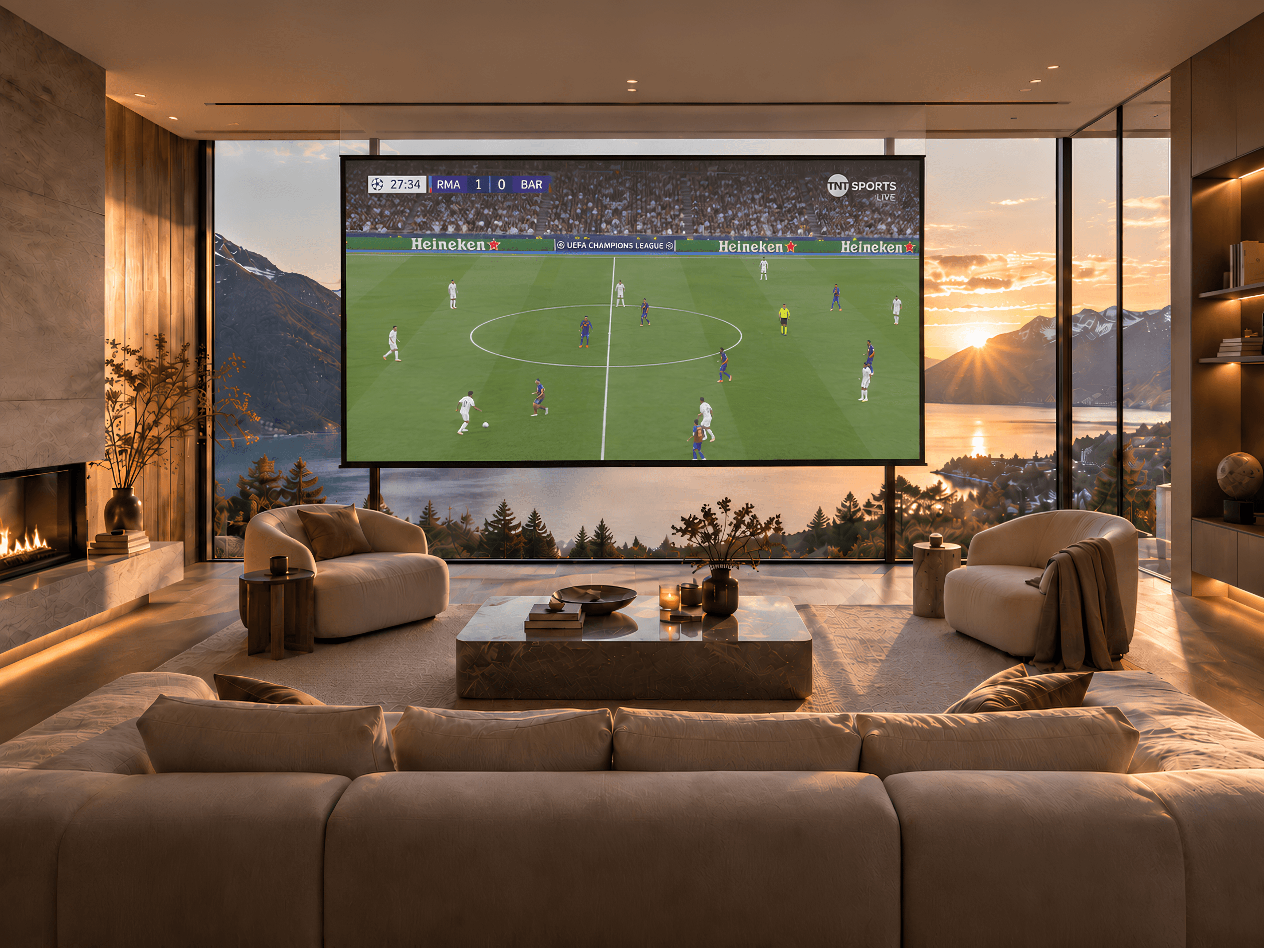 Motorised screen fully extended at magnificent cinema scale